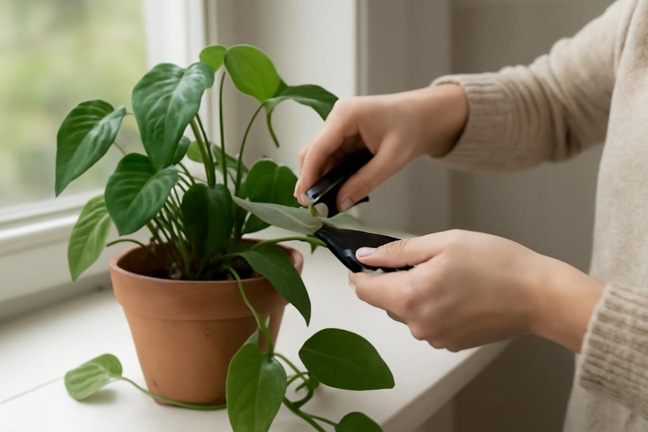 Pair of hands pruning a houseplant with clean shears on a windowsill