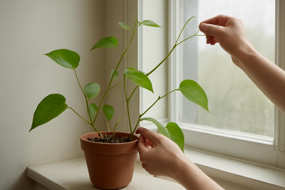 A potted houseplant with elongated stems being gently adjusted on a windowsill