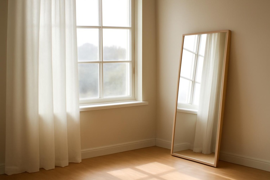 A sunlit window with a sheer curtain on one side and a leaning mirror on the other