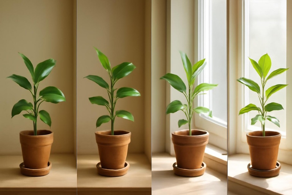 Potted houseplant on a windowsill moving closer to a brighter window in stages