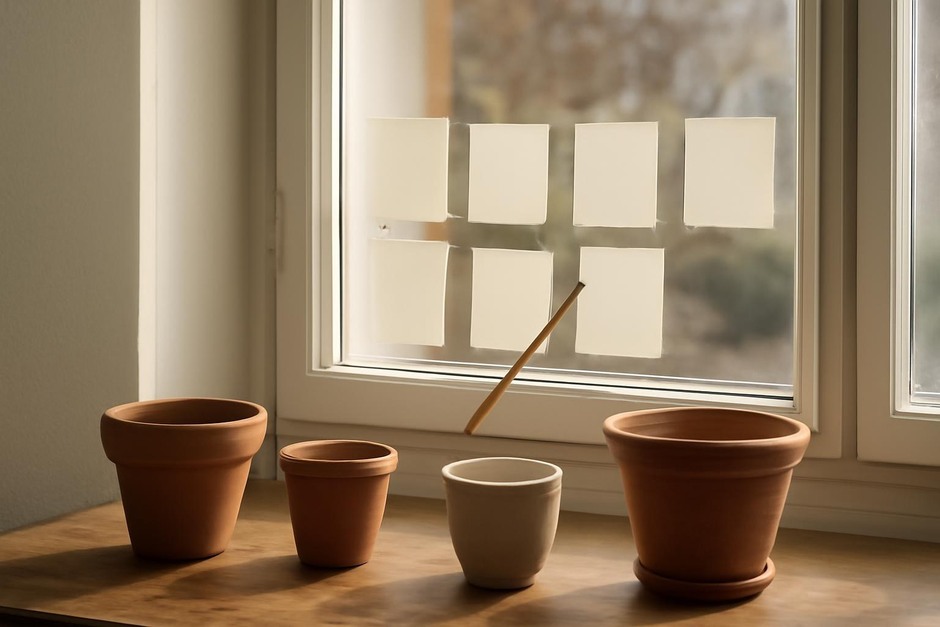 Window with small papers, a pencil marking shadows, and pots used for testing light