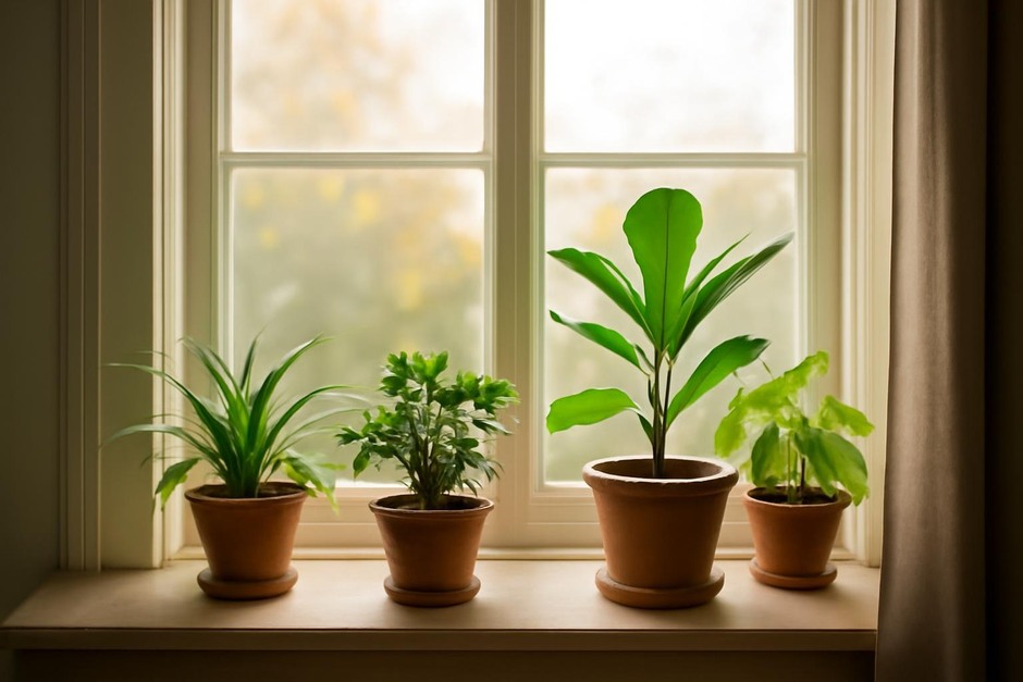 Window with soft afternoon light and several potted plants on the sill
