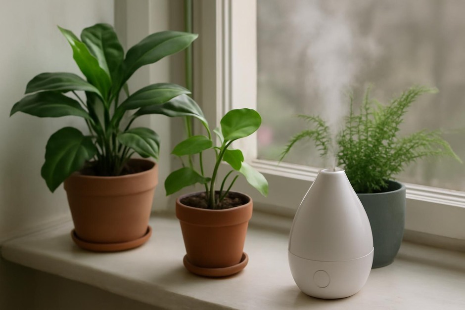 A grouping of houseplants near a small humidifier on a windowsill