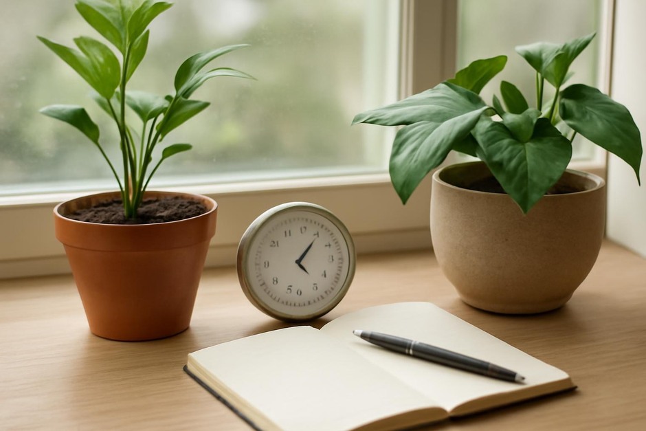 A windowsill with small hygrometer and a notebook next to potted plants
