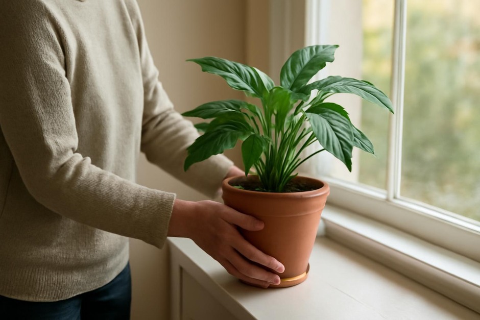A person gently carrying a potted houseplant toward a sunlit window