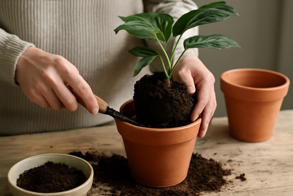 Close-up of a potted houseplant being repotted with fresh soil and new pot