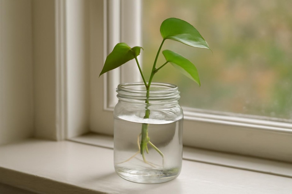A glass jar with a vining plant cutting rooting in water on a windowsill