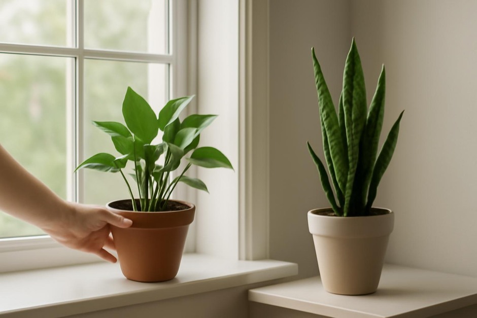 Two houseplants on different windowsill positions, one being moved and one staying put