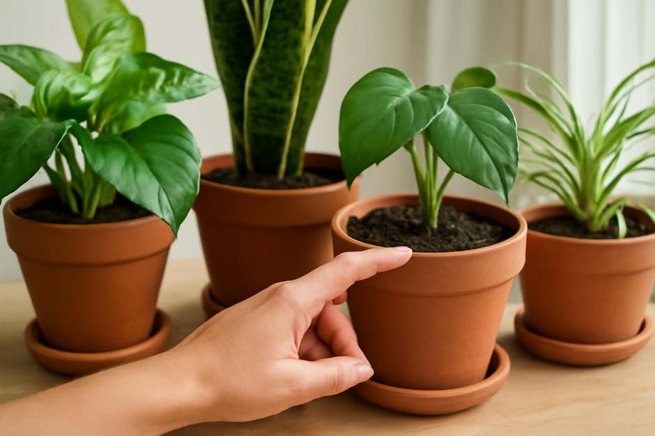 A hand checking soil moisture beside a row of potted houseplants