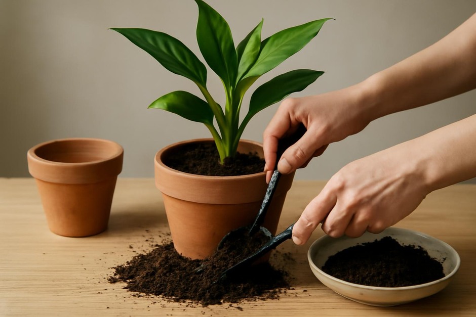Hands repotting a houseplant with soil and new pot