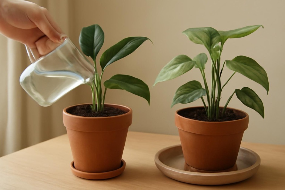 Two potted plants, one being watered from above and the other soaking in a tray for bottom watering