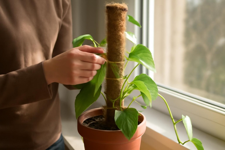 Trailing pothos being gently tied to a moss pole on a sunny windowsill