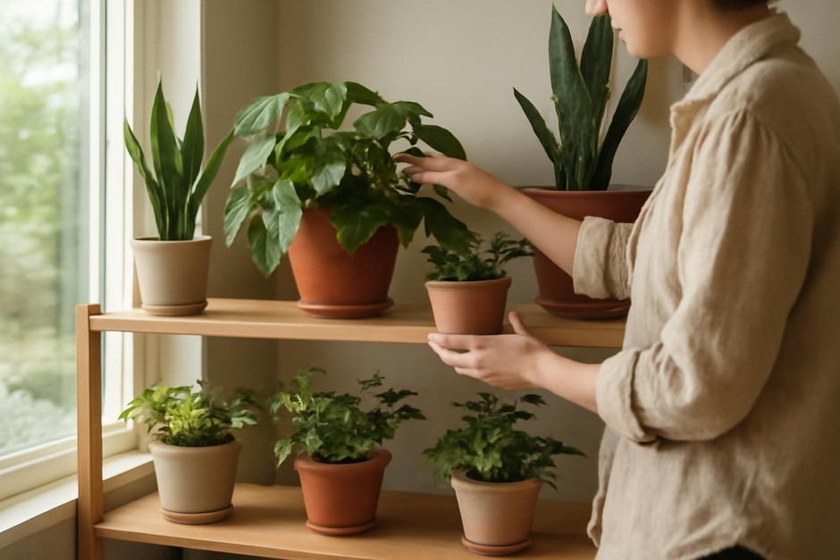 A person inspecting a variety of houseplants on a sunlit shelf