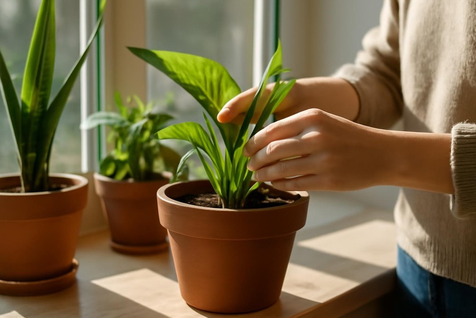 Hands gently checking a potted plant on a sunny windowsill during a weekly plant care routine