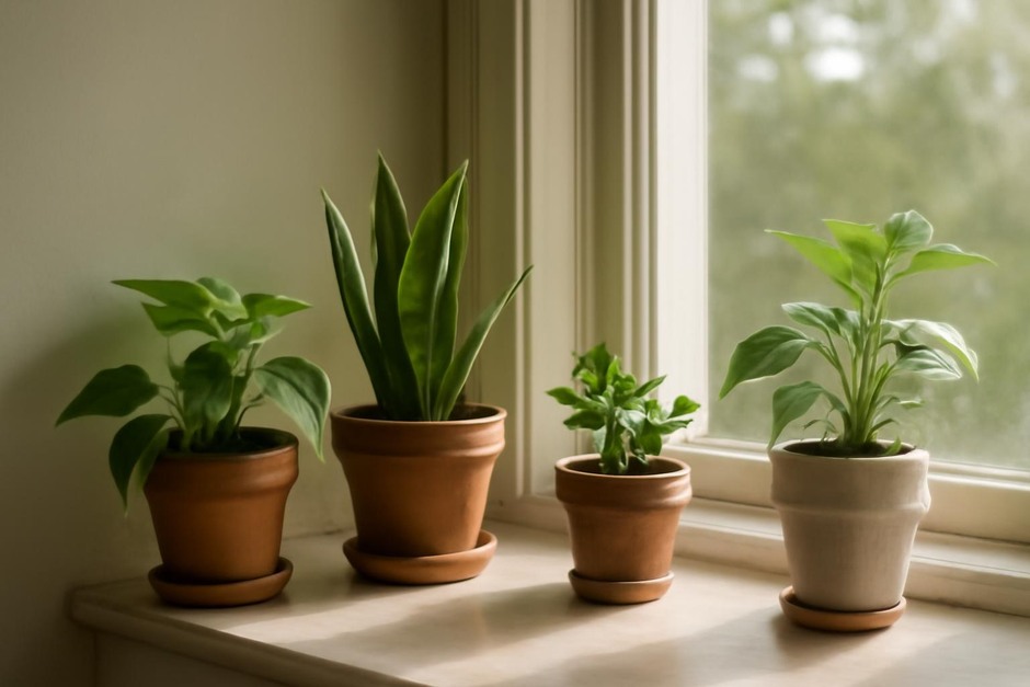 A sunlit windowsill with several houseplants spaced at different distances from the window showing slight variations in葉